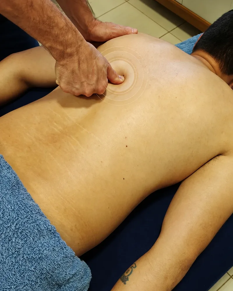 Alessandro aplicando pressão em um ponto gatilho nas costas de um paciente